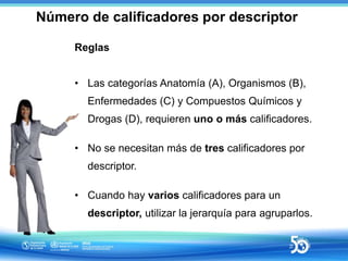 Número de calificadores por descriptor
Reglas
• Las categorías Anatomía (A), Organismos (B),
Enfermedades (C) y Compuestos...