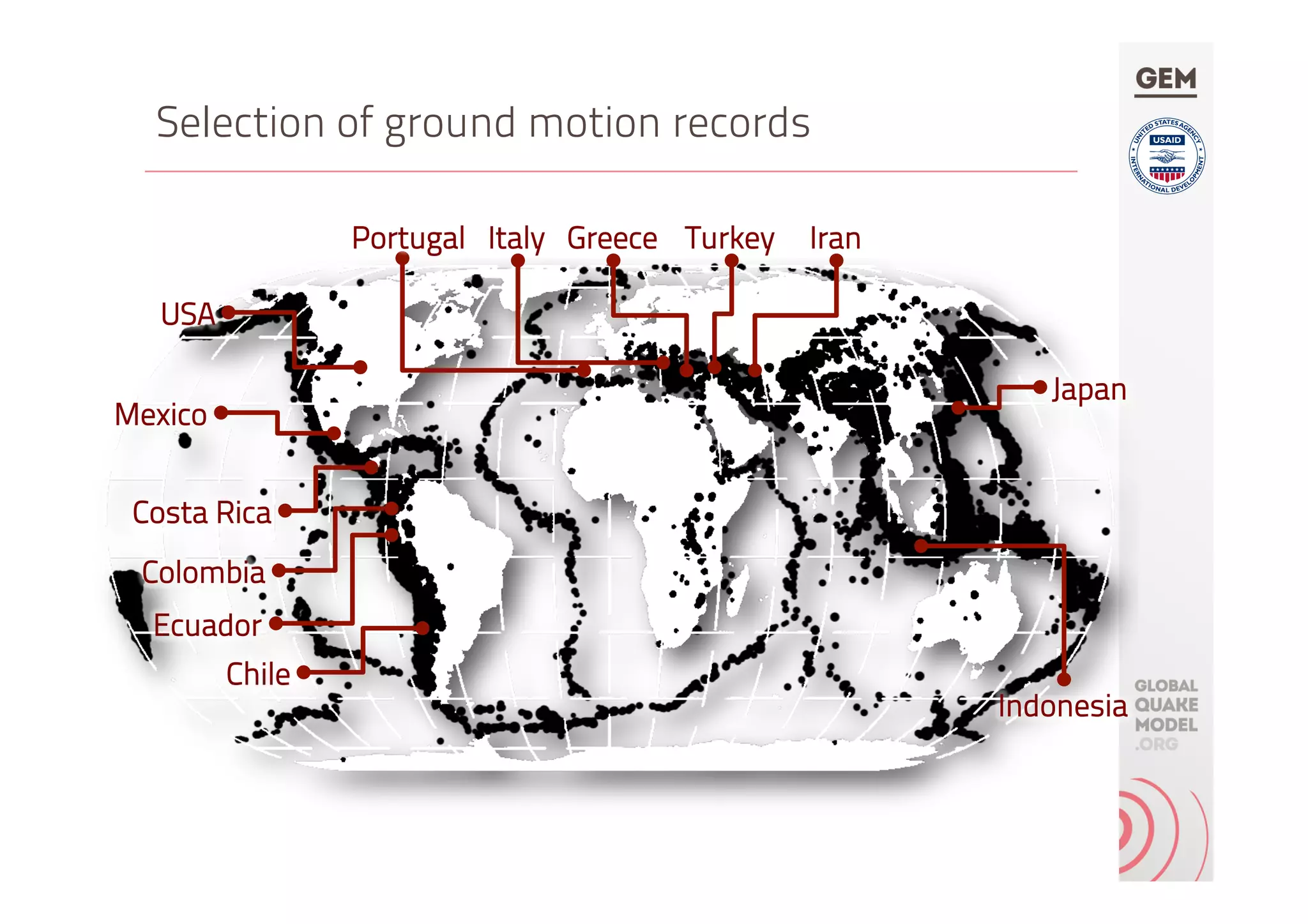 Chile
USA
Mexico
Costa Rica
Ecuador
Portugal Italy TurkeyGreece Iran
Japan
Selection of ground motion records
Indonesia
Colombia
 