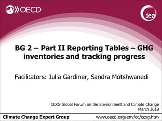 Climate Change Expert Group www.oecd.org/env/cc/ccxg.htm
BG 2 – Part II Reporting Tables – GHG
inventories and tracking progress
CCXG Global Forum on the Environment and Climate Change
March 2019
Facilitators: Julia Gardiner, Sandra Motshwanedi
 