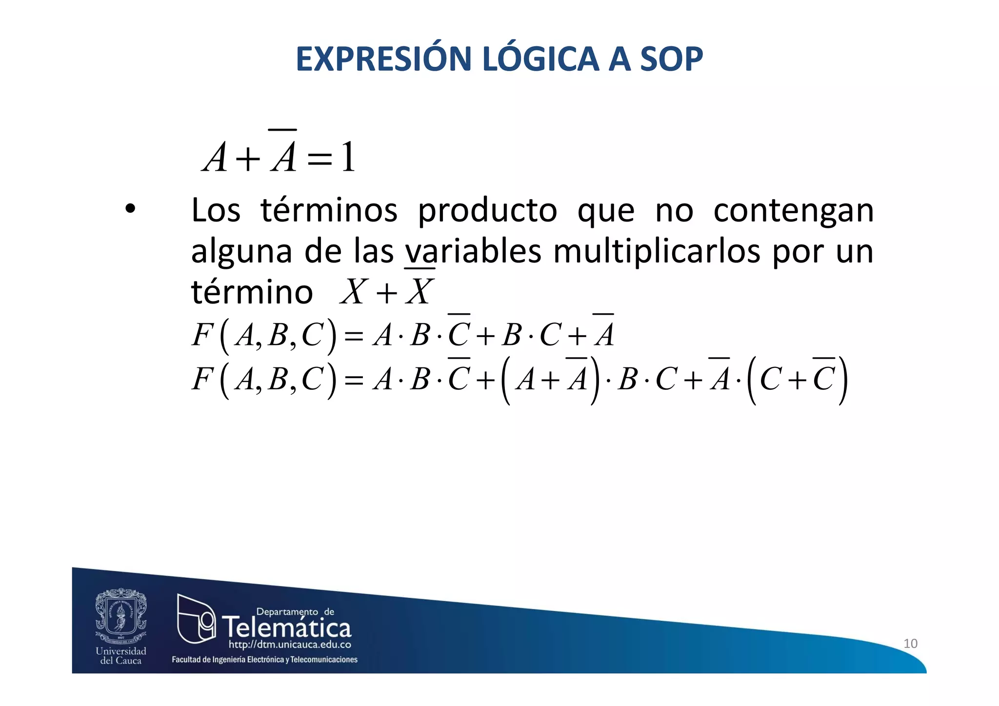EXPRESIÓN LÓGICA A SOP

    A+ A =1
•   Los términos producto que no contengan
    alguna de las variables multiplicarlos por un
    término X + X
    F ( A, B, C ) = A ⋅ B ⋅ C + B ⋅ C + A
                             (      )            (
    F ( A, B, C ) = A ⋅ B ⋅ C + A + A ⋅ B ⋅ C + A ⋅ C + C   )



                                                                10
 
