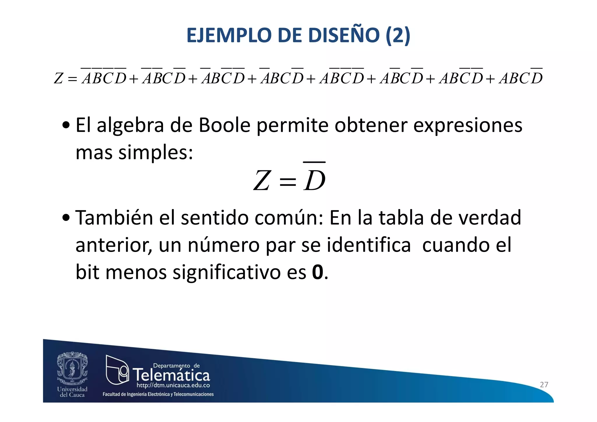EJEMPLO DE DISEÑO (2)
Z = ABC D + ABC D + ABC D + ABC D + ABC D + ABC D + ABC D + ABC D


• El algebra de Boole permite obtener expresiones
  mas simples:
                          Z=D
• También el sentido común: En la tabla de verdad
  anterior, un número par se identifica cuando el
  bit menos significativo es 0.



                                                                27
 