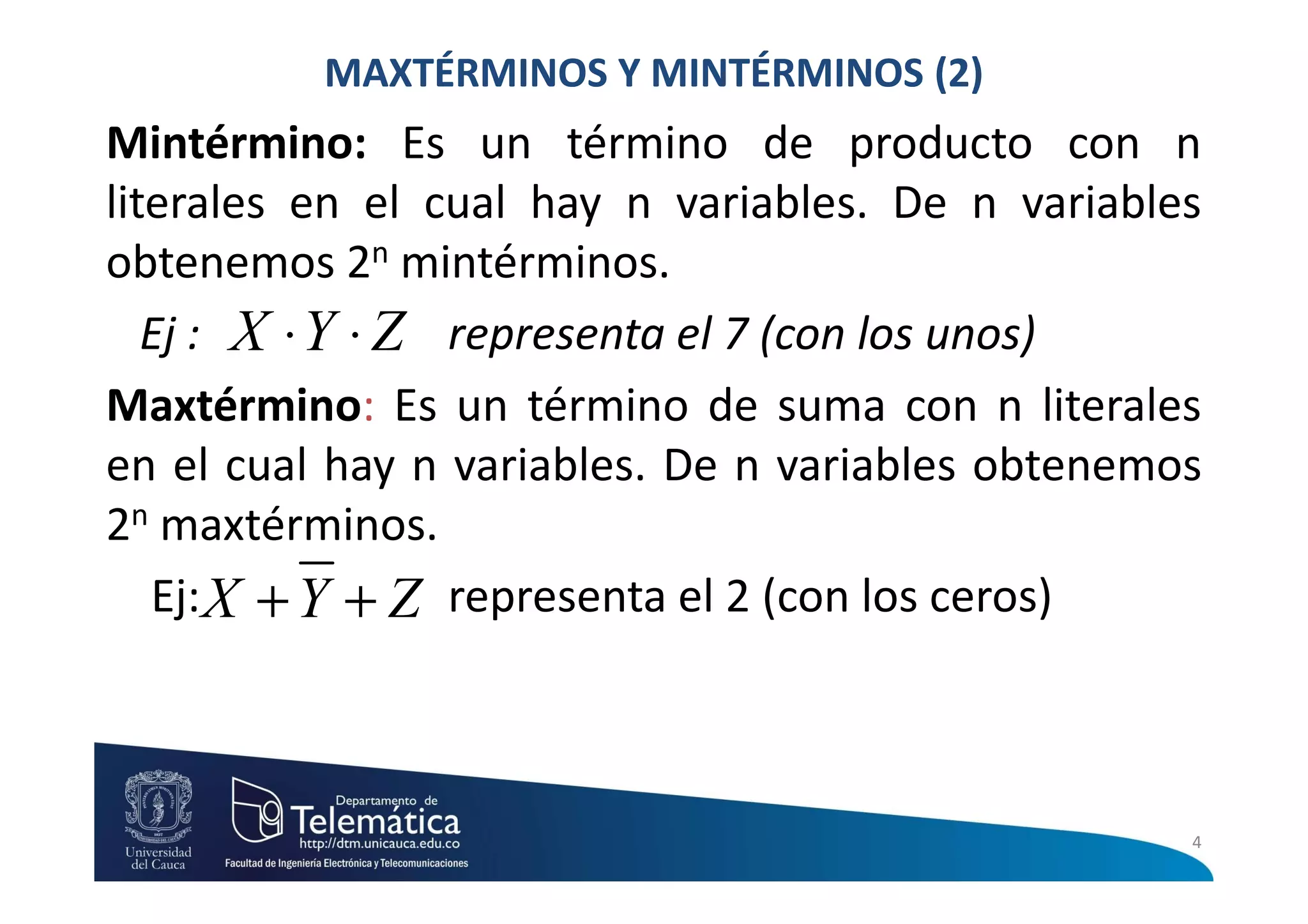 MAXTÉRMINOS Y MINTÉRMINOS (2)
Mintérmino: Es un término de producto con n
literales en el cual hay n variables. De n variables
obtenemos 2n mintérminos.
   Ej : X ⋅ Y ⋅ Z representa el 7 (con los unos)
Maxtérmino: Es un término de suma con n literales
en el cual hay n variables. De n variables obtenemos
2n maxtérminos.
   Ej: X + Y + Z representa el 2 (con los ceros)



                                                   4
 