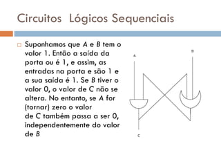 Circuitos Lógicos Sequenciais


Suponhamos que A e B tem o
valor 1. Então a saída da
porta ou é 1, e assim, as
entradas na porta e são 1 e
a sua saída é 1. Se B tiver o
valor 0, o valor de C não se
altera. No entanto, se A for
(tornar) zero o valor
de C também passa a ser 0,
independentemente do valor
de B

 