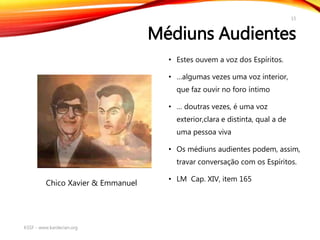 Médiuns Audientes
• Estes ouvem a voz dos Espíritos.
• …algumas vezes uma voz interior,
que faz ouvir no foro íntimo
• … doutras vezes, é uma voz
exterior,clara e distinta, qual a de
uma pessoa viva
• Os médiuns audientes podem, assim,
travar conversação com os Espíritos.
• LM Cap. XIV, item 165
KSSF - www.kardecian.org
15
Chico Xavier & Emmanuel
 