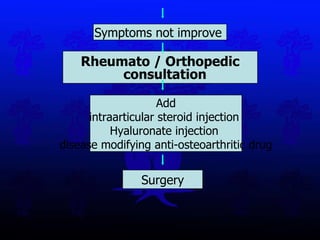 Rheumato / Orthopedic consultation Symptoms not improve  Add intraarticular steroid injection  Hyaluronate injection  disease modifying anti-osteoarthritic drug Surgery 