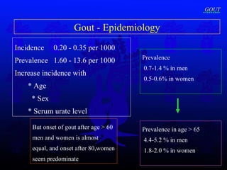 Incidence  0.20 - 0.35 per 1000 Prevalence  1.60 - 13.6 per 1000 Increase incidence with  * Age * Sex * Serum urate level Gout - Epidemiology Prevalence  0.7-1.4 % in men  0.5-0.6% in women Prevalence  in age > 65 4.4-5.2 % in men  1.8-2.0 % in women But onset of gout after age > 60   men and women is almost equal, and onset after 80,women seem predominate   GOUT 