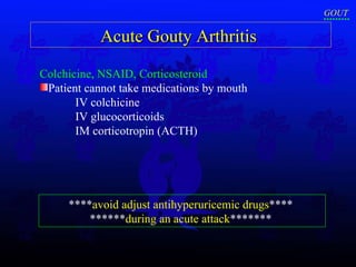 Acute Gouty Arthritis  Colchicine, NSAID, Corticosteroid Patient cannot take medications by mouth  IV colchicine IV glucocorticoids IM corticotropin (ACTH)  **** avoid adjust antihyperuricemic drugs ****   ****** during an acute attack *******  GOUT 