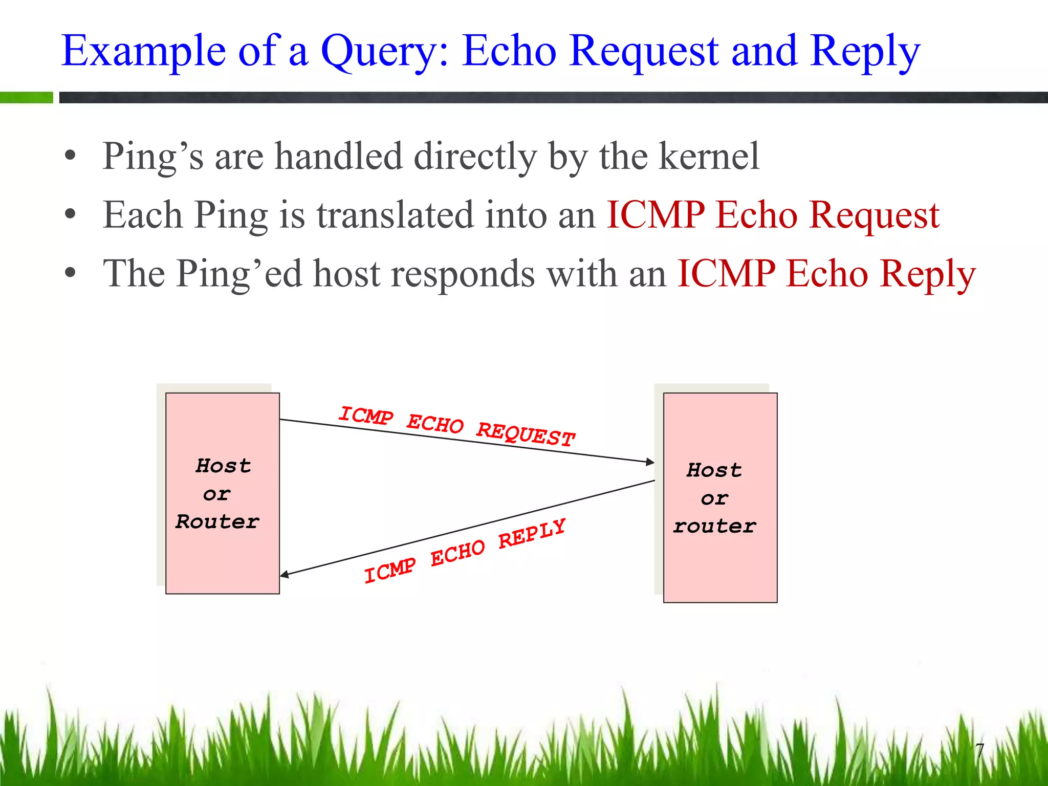Example of a Query: Echo Request and Reply
• Ping’s are handled directly by the kernel
• Each Ping is translated into an ICMP Echo Request
• The Ping’ed host responds with an ICMP Echo Reply
7
Host
or
Router
Host
or
router
 
