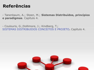 Referências
- Tanenbaum, A.; Steen, M.; Sistemas Distribuídos, princípios
e paradigmas. Capítulo 4.
- Coulouris, G.;Dollimore, J.; Kindberg, T.;
SISTEMAS DISTRIBUIDOS CONCEITOS E PROJETO. Capítulo 4.
 