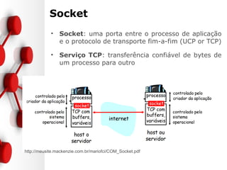 Socket
• Socket: uma porta entre o processo de aplicação
e o protocolo de transporte fim-a-fim (UCP or TCP)
• Serviço TCP: transferência confiável de bytes de
um processo para outro
http://meusite.mackenzie.com.br/mariofci/COM_Socket.pdf
 