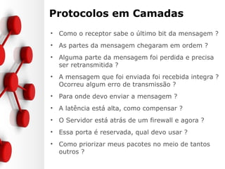 Protocolos em Camadas
• Como o receptor sabe o último bit da mensagem ?
• As partes da mensagem chegaram em ordem ?
• Alguma parte da mensagem foi perdida e precisa
ser retransmitida ?
• A mensagem que foi enviada foi recebida integra ?
Ocorreu algum erro de transmissão ?
• Para onde devo enviar a mensagem ?
• A latência está alta, como compensar ?
• O Servidor está atrás de um firewall e agora ?
• Essa porta é reservada, qual devo usar ?
• Como priorizar meus pacotes no meio de tantos
outros ?
 