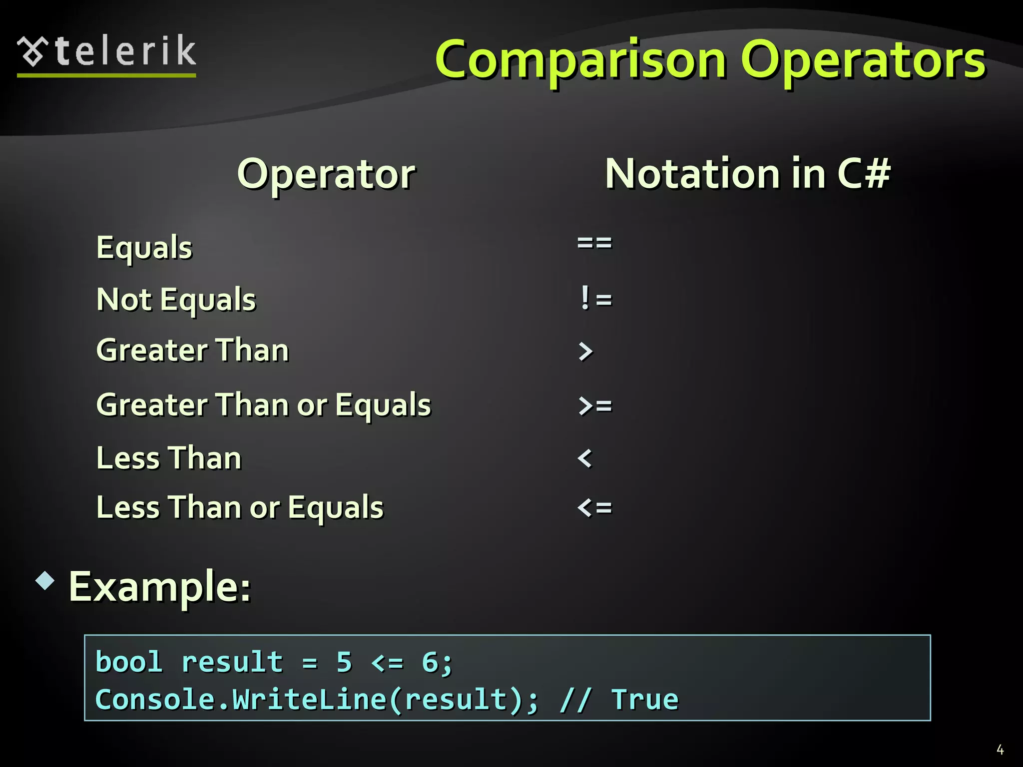 Comparison OperatorsComparison Operators
4
OperatorOperator Notation in C#Notation in C#
EqualsEquals ====
Not EqualsNot Equals !=!=
Greater ThanGreater Than >>
Greater Than or EqualsGreater Than or Equals >=>=
Less ThanLess Than <<
Less Than or EqualsLess Than or Equals <=<=
 Example:Example:
bool result = 5 <= 6;bool result = 5 <= 6;
Console.WriteLine(result); // TrueConsole.WriteLine(result); // True
 