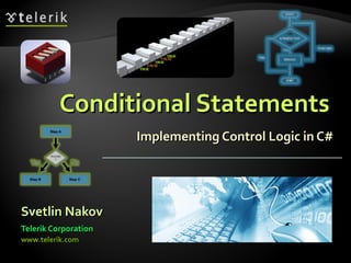 Conditional StatementsConditional Statements
Implementing Control Logic in C#Implementing Control Logic in C#
Svetlin NakovSvetlin Nakov
Telerik CorporationTelerik Corporation
www.telerik.comwww.telerik.com
 