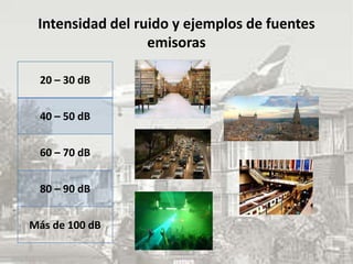 Intensidad del ruido y ejemplos de fuentes
                  emisoras

 20 – 30 dB


 40 – 50 dB


 60 – 70 dB


 80 – 90 dB


Más de 100 dB
 