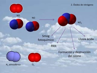 2. Óxidos de nitrógeno



          NO
                 NO
                                                   NO2




                         Smog
                      fotoquímico                   Lluvia ácida

                               PAN
                                     Formación y destrucción
                                           del ozono

N2 atmosférico   O2
 