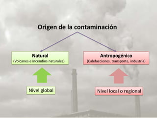 Origen de la contaminación



           Natural                         Antropogénico
(Volcanes e incendios naturales)   (Calefacciones, transporte, industria)




         Nivel global                    Nivel local o regional
 