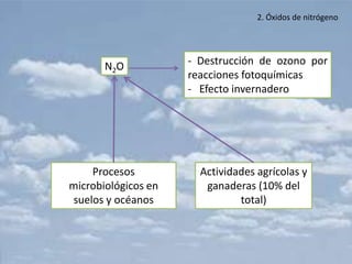 2. Óxidos de nitrógeno




       N2O           - Destrucción de ozono por
                     reacciones fotoquímicas
                     - Efecto invernadero




    Procesos           Actividades agrícolas y
microbiológicos en      ganaderas (10% del
suelos y océanos               total)
 