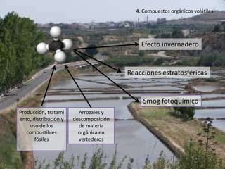 4. Compuestos orgánicos volátiles




                                            Efecto invernadero


                                        Reacciones estratosféricas


                                             Smog fotoquímico
Producción, tratami      Arrozales y
ento, distribución y   descomposición
    uso de los           de materia
   combustibles          orgánica en
       fósiles           vertederos
 