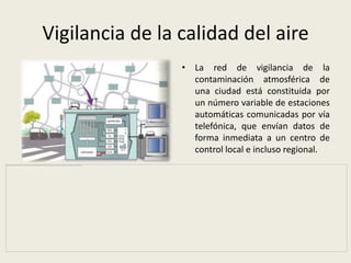 Vigilancia de la calidad del aire
                 • La red de vigilancia de la
                   contaminación atmosférica de
                   una ciudad está constituida por
                   un número variable de estaciones
                   automáticas comunicadas por vía
                   telefónica, que envían datos de
                   forma inmediata a un centro de
                   control local e incluso regional.
 
