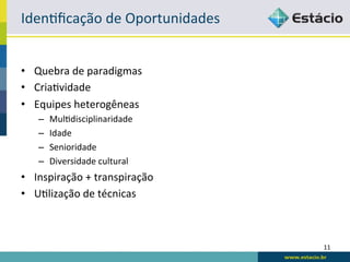 Iden<ﬁcação	
  de	
  Oportunidades	
  


•  Quebra	
  de	
  paradigmas	
  
•  Cria<vidade	
  
•  Equipes	
  heterogêneas	
  
    –    Mul<disciplinaridade	
  
    –    Idade	
  
    –    Senioridade	
  
    –    Diversidade	
  cultural	
  
•  Inspiração	
  +	
  transpiração	
  
•  U<lização	
  de	
  técnicas	
  



                                         11	
  
 