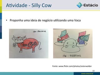 A<vidade	
  -­‐	
  Silly	
  Cow	
  

•  Proponha	
  uma	
  ideia	
  de	
  negócio	
  u<lizando	
  uma	
  Vaca	
  




                                              Fonte:	
  www.ﬂickr.com/photos/osterwalder	
  

                                                                                               13	
  
 