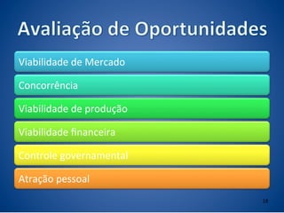Viabilidade	
  de	
  Mercado	
  

Concorrência	
  

Viabilidade	
  de	
  produção	
  

Viabilidade	
  ﬁnanceira	
  

Controle	
  governamental	
  

Atração	
  pessoal	
  
                                    18	
  
 
