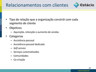 Relacionamentos	
  com	
  clientes	
  

•  Tipo	
  de	
  relação	
  que	
  a	
  organização	
  constrói	
  com	
  cada	
  
   segmento	
  de	
  cliente	
  
•  Obje<vos	
  
     –  Aquisição,	
  retenção	
  e	
  aumento	
  de	
  vendas	
  
•  Categorias	
  
     –    Assistência	
  pessoal	
  
     –    Assistência	
  pessoal	
  dedicada	
  
     –    Self-­‐service	
  
     –    Serviços	
  automa<zados	
  
     –    Comunidades	
  
     –    Co-­‐criação	
  


                                                                                     29	
  
 