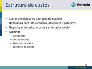 Estrutura	
  de	
  custos	
  

•    Custos	
  envolvidos	
  na	
  operação	
  do	
  negócio	
  
•    Deﬁnidos	
  a	
  par<r	
  dos	
  recursos,	
  a<vidades	
  e	
  parceiros	
  
•    Negócios	
  orientados	
  a	
  custos	
  x	
  orientados	
  a	
  valor	
  
•    Aspectos	
  
      –    Custos	
  ﬁxos	
  
      –    Custos	
  variáveis	
  
      –    Economia	
  de	
  escala	
  
      –    Economia	
  de	
  escopo	
  




                                                                                     39	
  
 