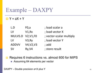 Example – DAXPY
 Y = aX + Y
L.D F0,a ; load scalar a
LV V1,Rx ; load vector X
MULVS.D V2,V1,F0 ; vector-scalar multiply
LV V3,Ry ; load vector Y
ADDVV V4,V2,V3 ; add
SV Ry,V4 ; store result
 Requires 6 instructions vs. almost 600 for MIPS
 Assuming 64 elements per vector
10
DAXPY – Double precision a×X plus Y
 