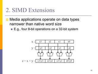 2. SIMD Extensions
 Media applications operate on data types
narrower than native word size
 E.g., four 8-bit operations on a 32-bit system
23
 
