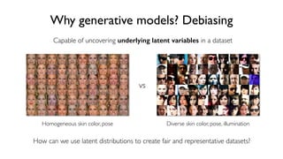 29
6.S191 Introduction to Deep Learning
Why generative models? Debiasing
vs
Capable of uncovering underlying latent variables in a dataset
Homogeneous skin color, pose Diverse skin color, pose, illumination
How can we use latent distributions to create fair and representative datasets?
 