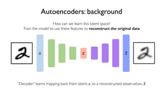 37
6.S191 Introduction to Deep Learning
Autoencoders: background
How can we learn this latent space?
Train the model to use these features to reconstruct the original data
! "
“Decoder” learns mapping back from latent, ", to a reconstructed observation, #!
#!
 