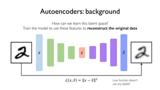 38
6.S191 Introduction to Deep Learning
Autoencoders: background
How can we learn this latent space?
Train the model to use these features to reconstruct the original data
! " #!
ℒ !, #! = ! − #! ( Loss function doesn’t
use any labels!!
 