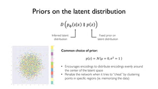 52
6.S191 Introduction to Deep Learning
Priors on the latent distribution
! "# z % ∥ " '
Inferred latent
distribution
Fixed prior on
latent distribution
Common choice of prior:
" ' = ) * = 0, -. = 1
• Encourages encodings to distribute encodings evenly around
the center of the latent space
• Penalize the network when it tries to “cheat” by clustering
points in specific regions (ie. memorizing the data)
 