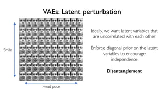 60
6.S191 Introduction to Deep Learning
VAEs: Latent perturbation
Head pose
Smile
Ideally, we want latent variables that
are uncorrelated with each other
Enforce diagonal prior on the latent
variables to encourage
independence
Disentanglement
 