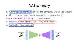 63
6.S191 Introduction to Deep Learning
VAE summary
1. Compress representation of world to something we can use to learn
2. Reconstruction allows for unsupervised learning (no labels!)
3. Reparameterization trick to train end-to-end
4. Interpret hidden latent variables using perturbation
5. Generating new examples
! " #!
 