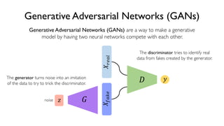 68
6.S191 Introduction to Deep Learning
Generative Adversarial Networks (GANs)
Generative Adversarial Networks (GANs) are a way to make a generative
model by having two neural networks compete with each other.
The discriminator tries to identify real
data from fakes created by the generator.
The generator turns noise into an imitation
of the data to try to trick the discriminator.
!noise "
#
$%&'($)'*&
+
 
