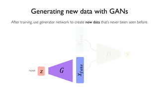 92
6.S191 Introduction to Deep Learning
Generating new data with GANs
After training, use generator network to create new data that’s never been seen before.
!noise "
#
$%&'($)'*&
+
 