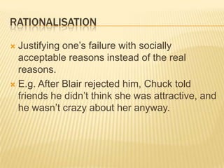 Rationalisation<br />Justifying one’s failure with socially acceptable reasons instead of the real reasons.<br />E.g. Afte...
