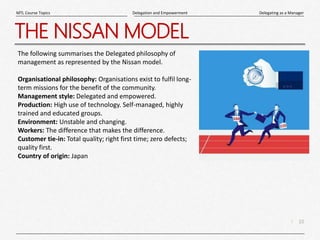 10
|
Delegating as a Manager
Delegation and Empowerment
MTL Course Topics
THE NISSAN MODEL
The following summarises the De...