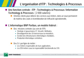 4Club Qualimétrie du 13 janvier 2009. Présentation démarche qualimétrique de BNP-Paribas
Une fonction centrale : ITP : Tec...