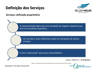 Copyright © The Open Group 2015
Definição dos Serviços
A representação lógica de uma atividade de negócio repetível que
tem um resultado específico.
Um serviço é auto-suficiente, pode ser composto de outros
serviços
É uma "caixa preta" para seus consumidores
Source: TOGAF 9.1 - A.79 Service
TOGAF® is a registered trademark of The Open Group in the United States and other countries
Serviços: definição proprietária
 