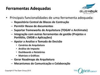 Copyright © The Open Group 2015
Ferramentas Adequadas
• Principais funcionalidades de uma ferramenta adequada:
– Repositório Central de Blocos de Contrução
– Permitir Reuso de documentos
– Suportar frameworks de Arquitetura (TOGAF e Archimate)
– Integração com outras ferramentas de gestão (Projetos e
Portfólio, CMDB e Aplicações)
– Apoiar a Analise e Tomada de Decisão
• Cenários de Arquitetura
• Análise de Impacto
• Dashboards e Relatórios
• Matrizes e Gráficos
– Gerar Roadmaps de Arquitetura
– Mecanismos de Comunicação e Colaboração
 