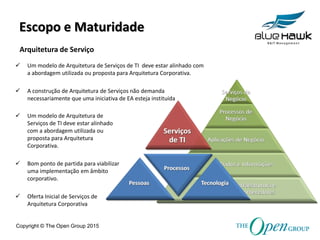 Copyright © The Open Group 2015
Escopo e Maturidade
 Um modelo de Arquitetura de Serviços de TI deve estar alinhado com
a abordagem utilizada ou proposta para Arquitetura Corporativa.
 A construção de Arquitetura de Serviços não demanda
necessariamente que uma iniciativa de EA esteja instituída
 Um modelo de Arquitetura de
Serviços de TI deve estar alinhado
com a abordagem utilizada ou
proposta para Arquitetura
Corporativa.
 Bom ponto de partida para viabilizar
uma implementação em âmbito
corporativo.
 Oferta Inicial de Serviços de
Arquitetura Corporativa
Arquitetura de Serviço
 