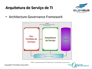 Copyright © The Open Group 2015
Arquitetura de Serviço de TI
• Architecture Governance Framework
Arquitetura
de Serviço
Ger.
Portfólio de
Serviços
TOGAF® is a registered trademark of The Open Group in the United States and other countries
 