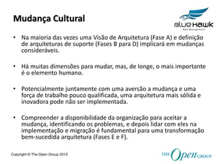 Copyright © The Open Group 2015
Mudança Cultural
• Na maioria das vezes uma Visão de Arquitetura (Fase A) e definição
de arquiteturas de suporte (Fases B para D) implicará em mudanças
consideráveis.
• Há muitas dimensões para mudar, mas, de longe, o mais importante
é o elemento humano.
• Potencialmente juntamente com uma aversão a mudança e uma
força de trabalho pouco qualificada, uma arquitetura mais sólida e
inovadora pode não ser implementada.
• Compreender a disponibilidade da organização para aceitar a
mudança, identificando os problemas, e depois lidar com eles na
implementação e migração é fundamental para uma transformação
bem-sucedida arquitetura (Fases E e F).
 