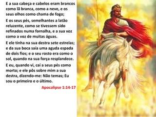 E a sua cabeça e cabelos eram brancos
como lã branca, como a neve, e os
seus olhos como chama de fogo;
E os seus pés, semelhantes a latão
reluzente, como se tivessem sido
refinados numa fornalha, e a sua voz
como a voz de muitas águas.
E ele tinha na sua destra sete estrelas;
e da sua boca saía uma aguda espada
de dois fios; e o seu rosto era como o
sol, quando na sua força resplandece.
E eu, quando vi, caí a seus pés como
morto; e ele pôs sobre mim a sua
destra, dizendo-me: Não temas; Eu
sou o primeiro e o último.
Apocalipse 1:14-17
 