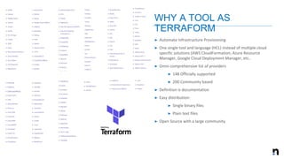 ➤ Automate Infrastructure Provisioning
➤ One single tool and language (HCL) instead of multiple cloud
specific solutions (AWS CloudFormation; Azure Resource
Manager, Google Cloud Deployment Manager, etc..
➤ Omni comprehensive list of providers
➤ 148 Officially supported
➤ 200 Community based
➤ Definition is documentation
➤ Easy distribution:
➤ Single binary files
➤ Plain text files
➤ Open Source with a large community
WHY A TOOL AS
TERRAFORM
 