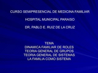 CURSO SEMIPRESENCIAL DE MEDICINA FAMILIAR HOSPITAL MUNICIPAL PARAISO DR, PABLO E. RUIZ DE LA CRUZ TEMA DINAMICA FAMILIAR DE ROLES TEORIA GENERAL DE GRUPOS TEORIA GENERAL DE SISTEMAS LA FAMILIA COMO SISTEMA 