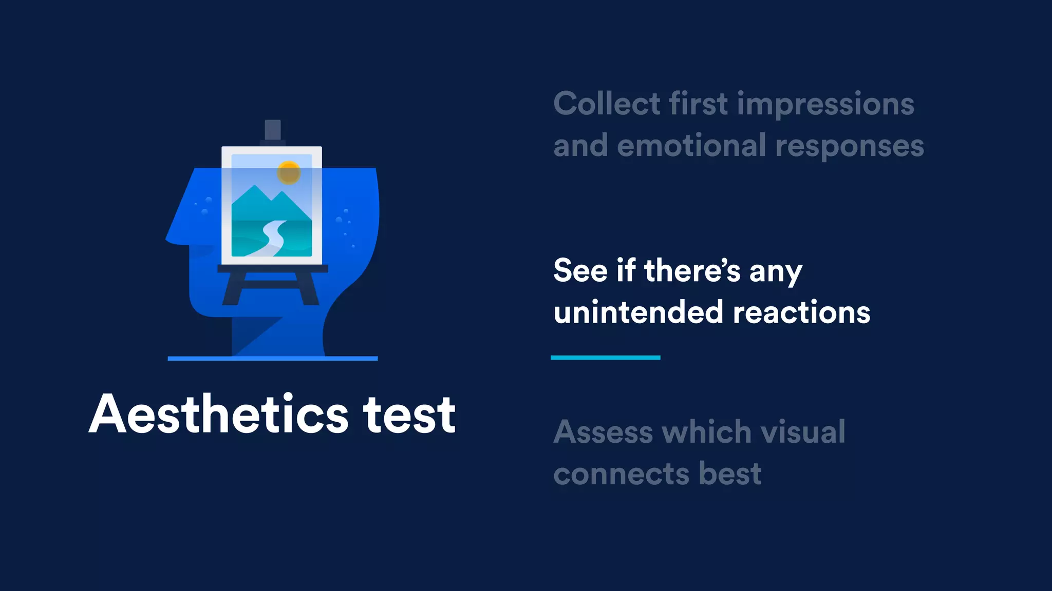 See if there’s any
unintended reactions
Assess which visual
connects best
Collect first impressions
and emotional responses
Aesthetics test
 